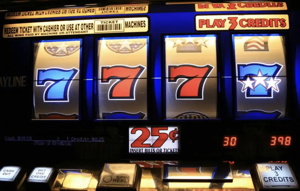 闪耀霓虹灯下的赌场老虎机阵列